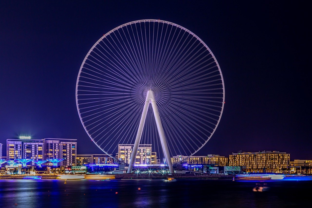 ferris wheel, landscape, dubai, u a e, night, lights, nature, architecture, lighting, skyline, large, cityscape, round, water, sea, perspective, night photograph, dubai, dubai, dubai, dubai, dubai